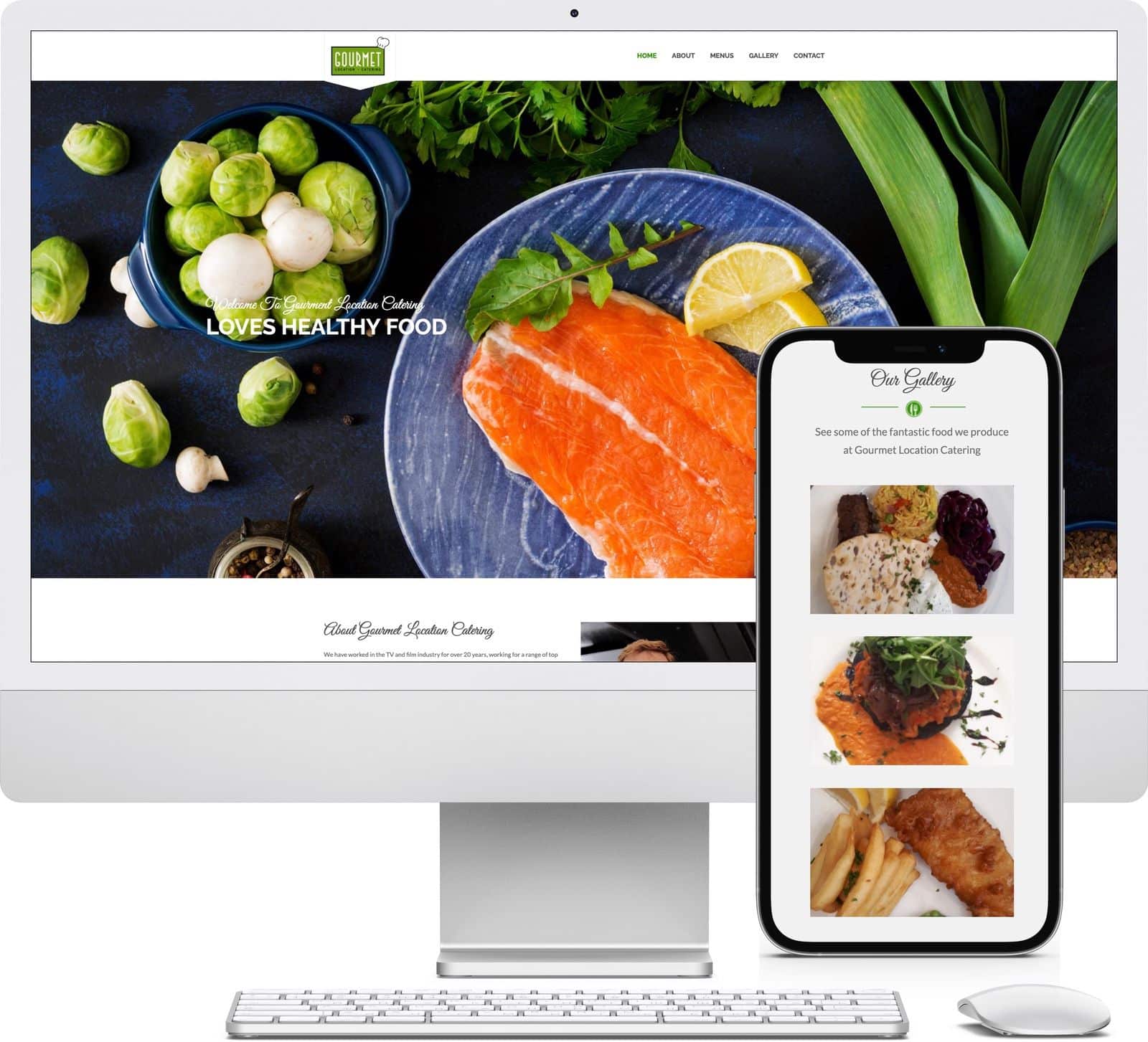 Gourmet Location Catering iMac and iPhone mockup image - Riotspace Creative