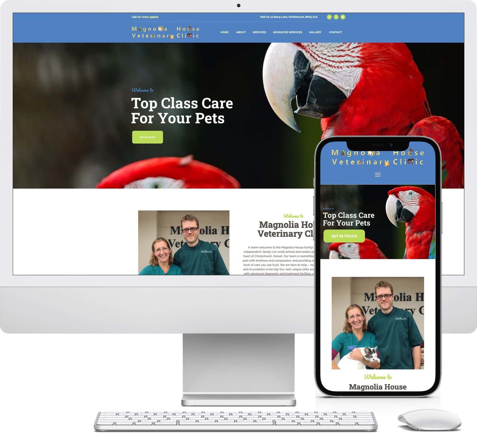 Magnolia House Veterinary Clinic iMac and iPhone mockup image - Riotspace Creative