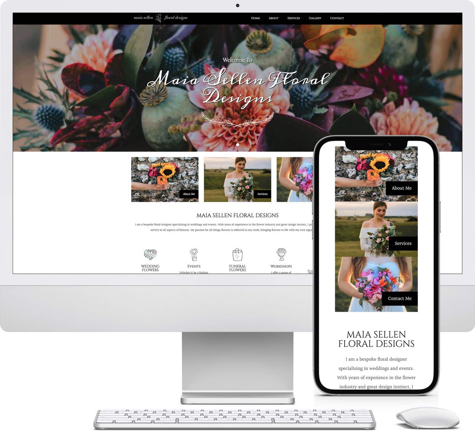 Maia Sellen Floral Designs iMac and iPhone mockup image - Riotspace Creative